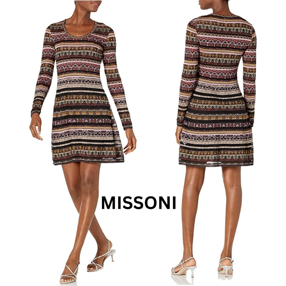MISSONI VALENTINO S.P.A. MULTICOLOR LUREX JACQUARD KNIT DRESS SZ 10, SCOOP NECK